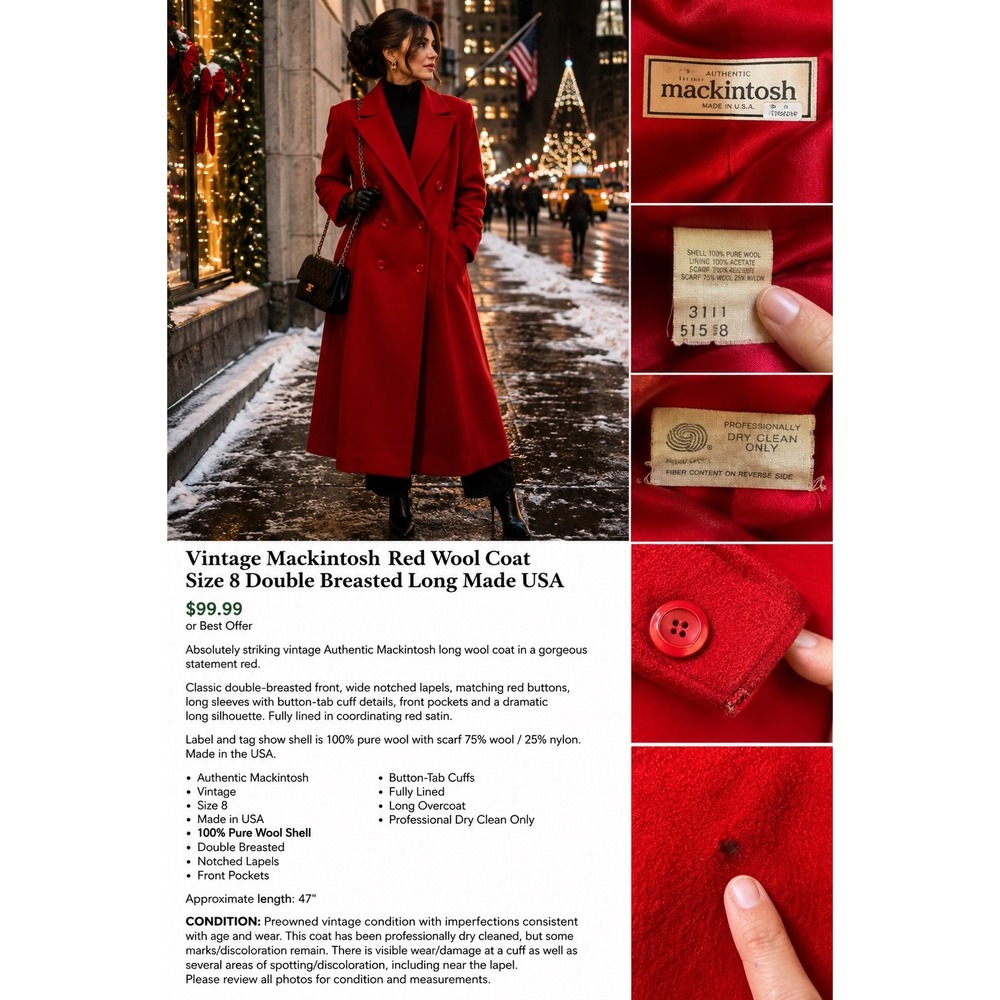 Vintage Mackintosh Red Wool Coat Size 8 Double Breasted Long Made USA Winter